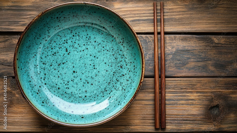 Empty teal ceramic bowl with chopsticks on wooden table Empty teal ceramic bowl with chopsticks on wooden table