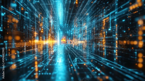 Futuristic digital city. Abstract network tunnel