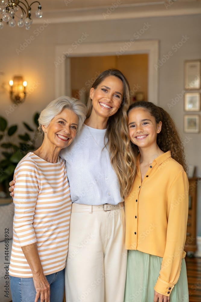 Fototapeta premium Three Generations of Smiling Women Standing Together Indoors 