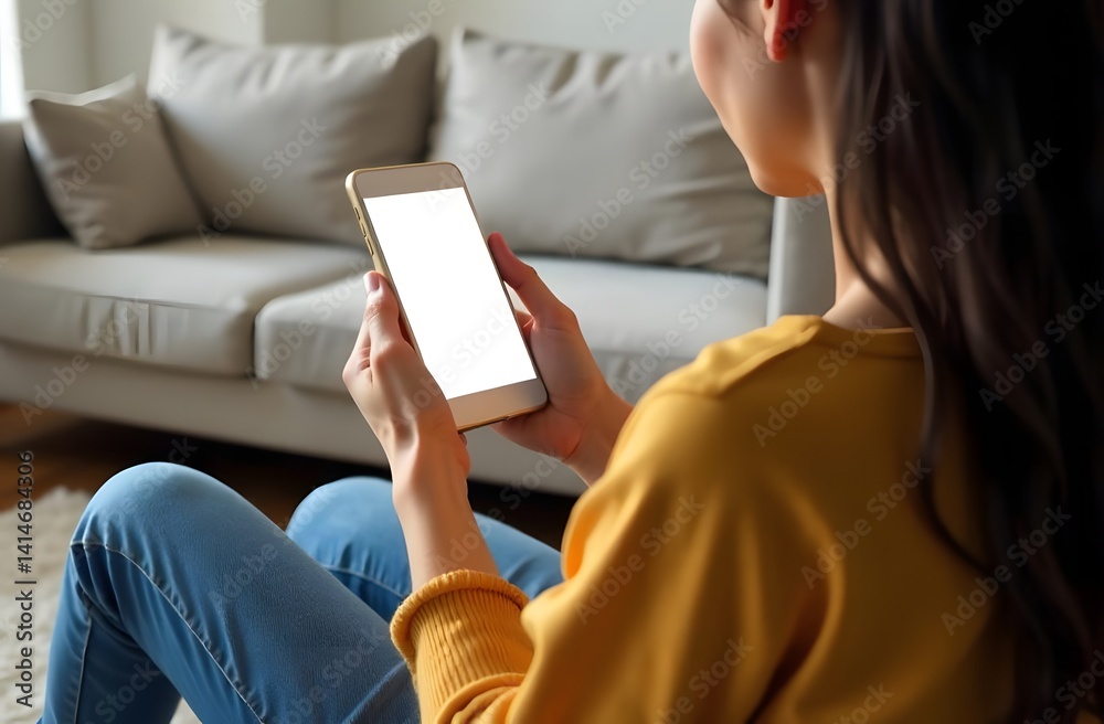 A close-up image of a woman in jeans sits indoor and uses her smartphone. A smartphone white-screen mockup in a woman's hand with a blurred background. chatting, shopping online, using mobile app A close-up image of a woman in jeans sits indoor and uses her smartphone. A smartphone white-screen mockup in a woman's hand with a blurred background. chatting, shopping online, using mobile app