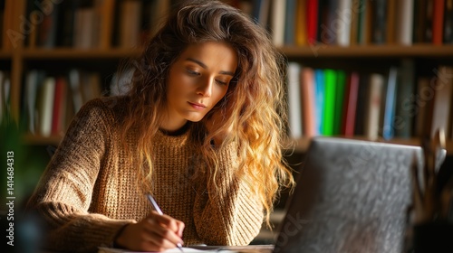 Woman Working Remotely Typing on Laptop in Home Library
