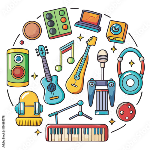 Colorful musical instruments and technology icons in a circle