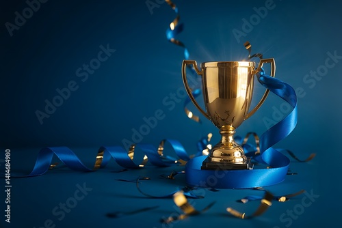 A gold trophy cup with blue and golden ribbon symbolizes victory.
