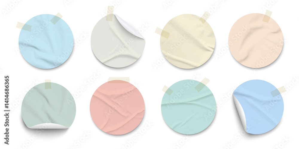 Round pastel color paper stickers with folds and adhesive tapes Round pastel color paper stickers with folds and adhesive tapes