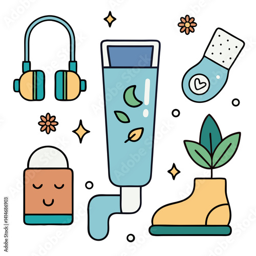A calming bedtime routine illustrated with headphones, soothing lotion, a happy deodorant, and a plant growing from a cozy boot, all in a cheerful, outlined style.