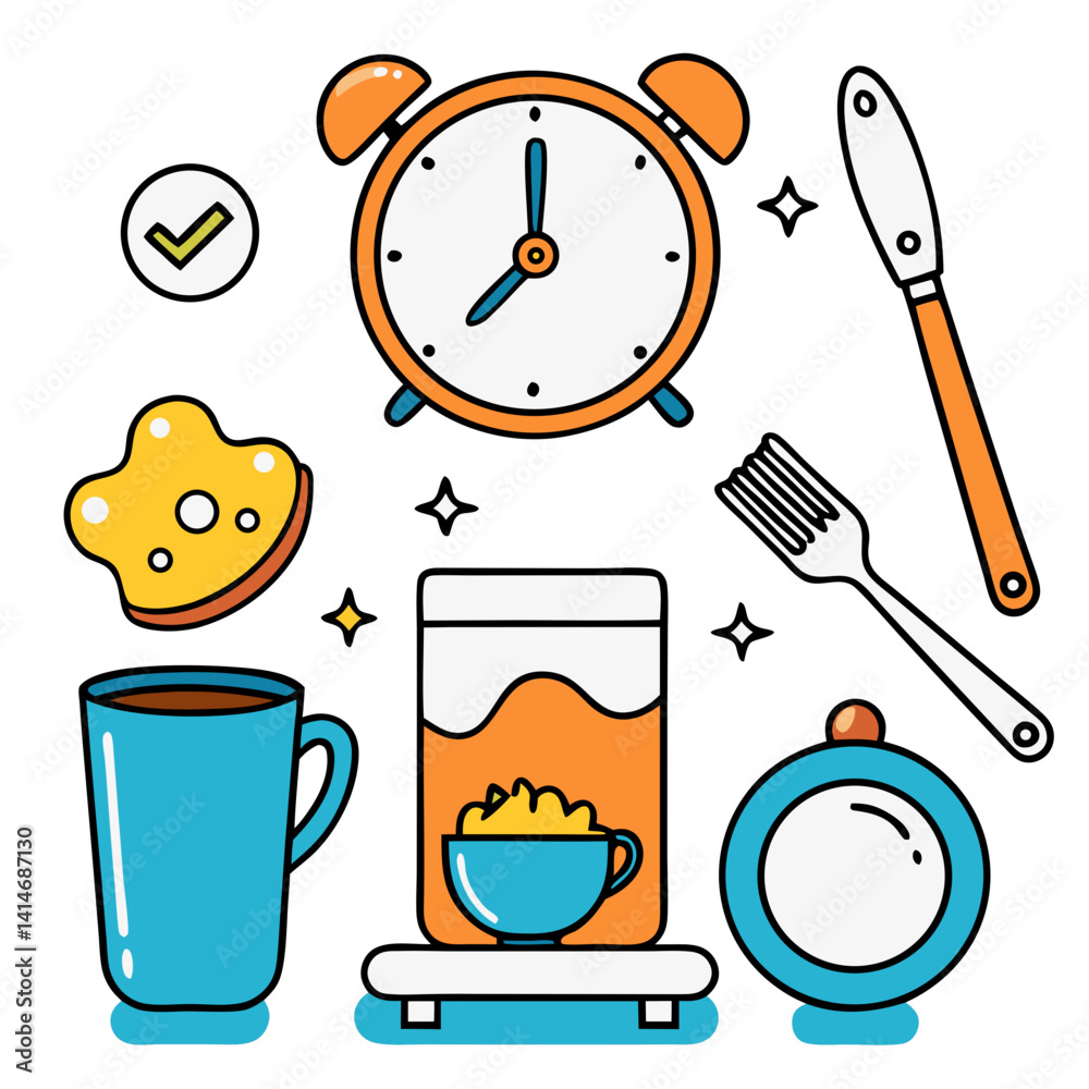 Φωτογραφία A cheerful morning routine depicted with a bright alarm clock, a steaming mug, a bowl of cereal, and a knife and fork, all in a playful, bold line art style