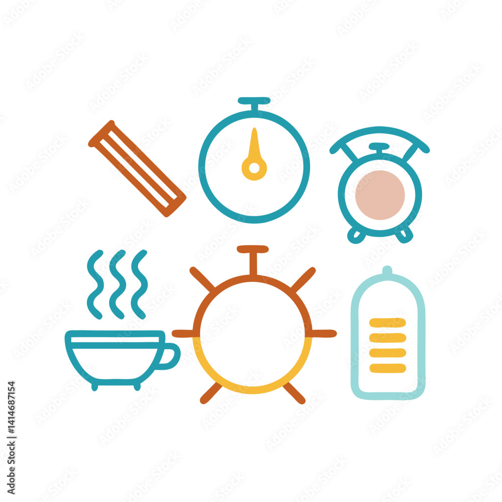 A cheerful morning routine illustrated with a steaming cup, stopwatch, alarm clock, and sun, using a vibrant, minimalist line art style. A cheerful morning routine illustrated with a steaming cup, stopwatch, alarm clock, and sun, using a vibrant, minimalist line art style.