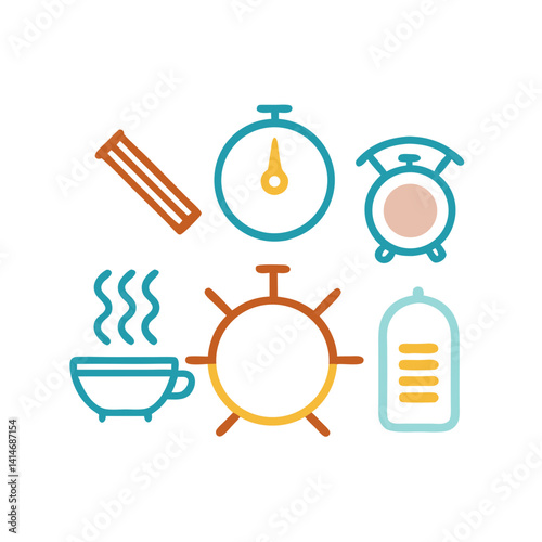A cheerful morning routine illustrated with a steaming cup, stopwatch, alarm clock, and sun, using a vibrant, minimalist line art style.