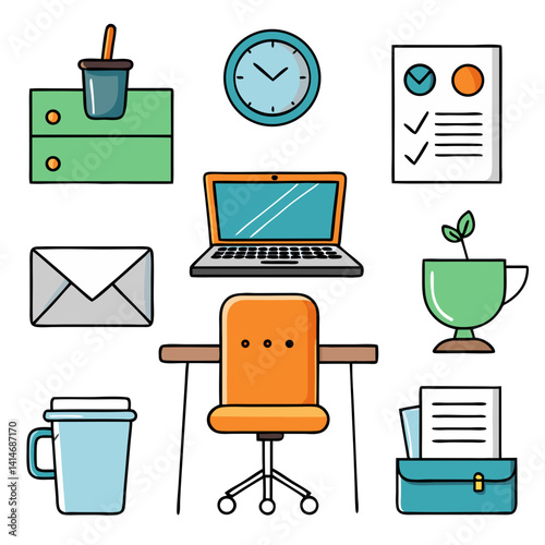 A cheerful workspace brimming with productivity, featuring a laptop, office chair, and essential stationery; vibrant colors and clean lines.