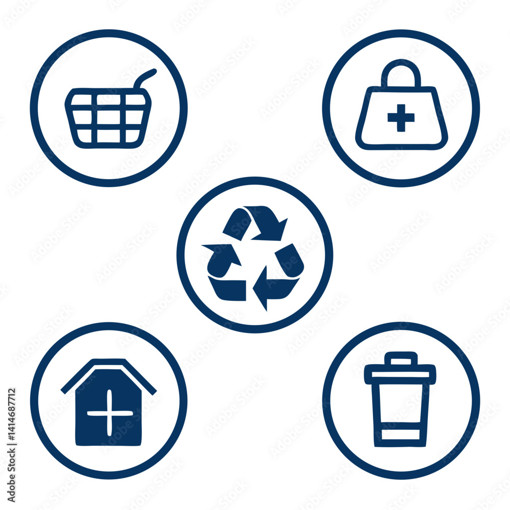 A visual guide to responsible consumption: shopping, recycling, healthcare, home, and waste disposal, all in a clear, bold, circular design.