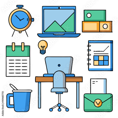 A vibrant workspace brimming with productivity and ideas, showcasing a cheerful desk setup with laptops, notebooks, and a calendar, all in bright, bold colors.