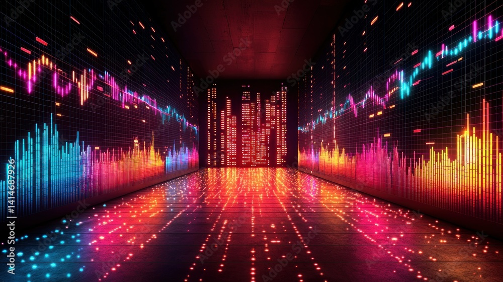 Fototapeta premium Vibrant, neon-lit space, filled with digital audio and stock market data visualizations