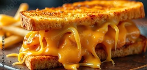 Golden-brown, crispy bread sandwich overflowing with melted, stringy cheese, comfort food, appetizing