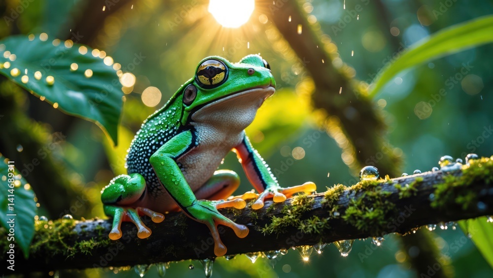 Fototapeta premium Green Frog Sitting on Mossy Branch in Rainforest Sunlight