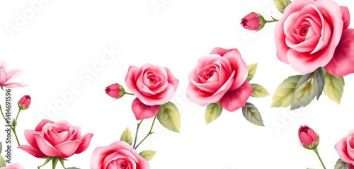 Watercolor pink and red rose floral border, seamless repeat pattern, flowers, seamless