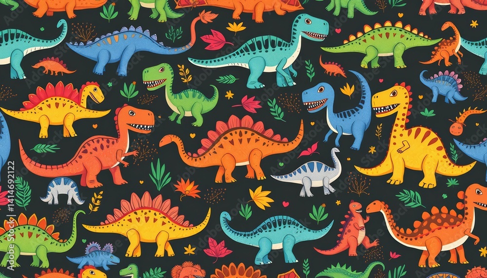 Whimsical hand-drawn dinosaur seamless pattern featuring diverse playful dinos in various poses and colors, hand-drawn, baby fabric Whimsical hand-drawn dinosaur seamless pattern featuring diverse playful dinos in various poses and colors, hand-drawn, baby fabric
