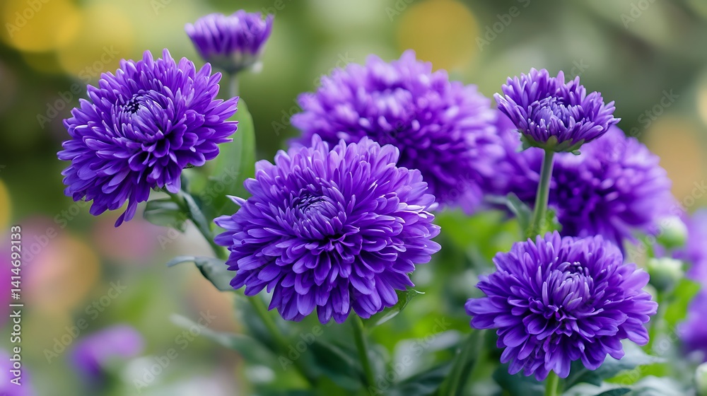 Vibrant Purple Aster Flowers with Dense Petals, Lush Green Leaves & Bokeh Background Vibrant Purple Aster Flowers with Dense Petals, Lush Green Leaves & Bokeh Background