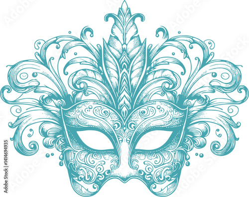 venetian carnival mask lineart isolated on white, illustration of festival mask, italian mask.	