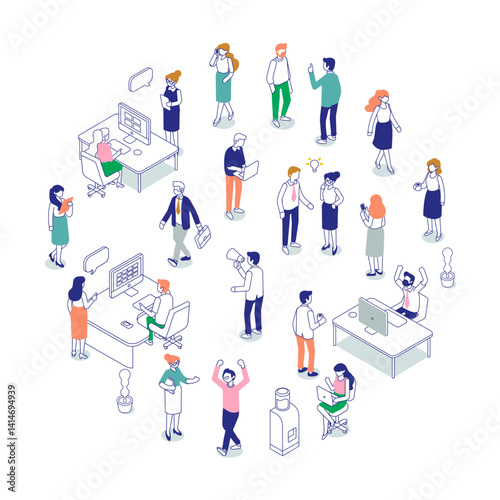 Isometric office workspace with people working together. Coworking. Line art vector isometric business people characters isolated on white background.	