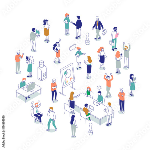 Isometric office workspace with people working together. Coworking. Line art vector isometric business people characters isolated on white background.	