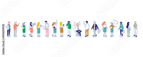 Coworking. Line art vector isometric business people characters isolated on white background.	