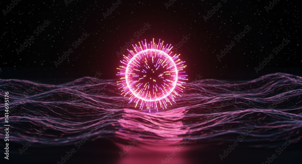 Fototapeta premium Neon Orb Over Dark Waves - Glowing pink and orange orb with radiating lines rests on dark wavy surface, abstract art
