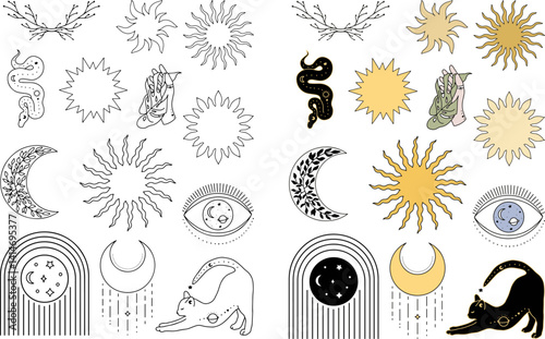 set of celestial and mystical element bundle line art and coloring style vector illustration  