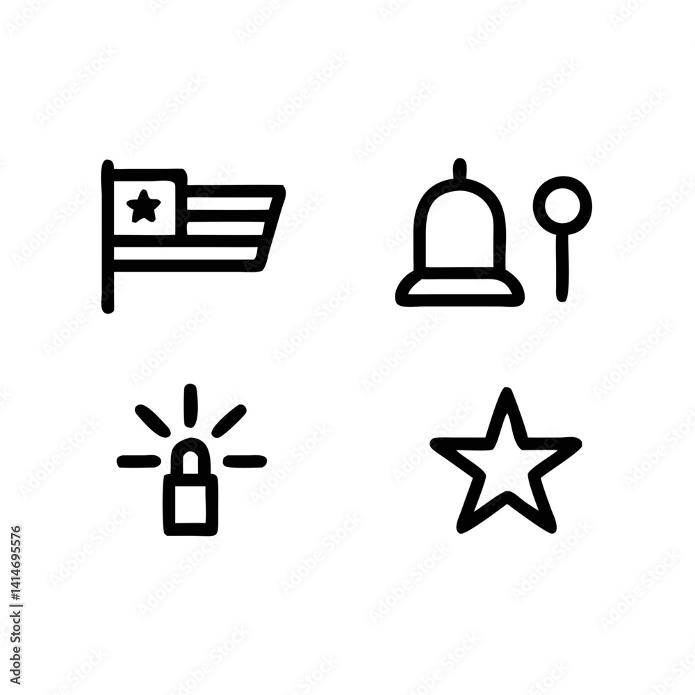 A bold set of hand-drawn icons featuring an American flag, bell, location pin, padlock, and star, all in simple black lines on a white background. A bold set of hand-drawn icons featuring an American flag, bell, location pin, padlock, and star, all in simple black lines on a white background.