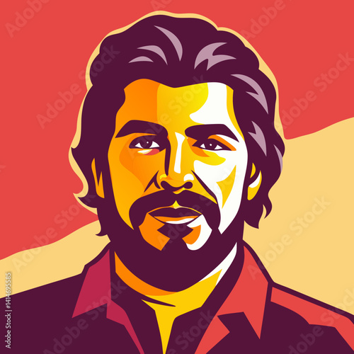 A charismatic man with a warm smile and dark beard, captured in bold yellow and red tones, a vibrant portrait showcasing confident masculinity.