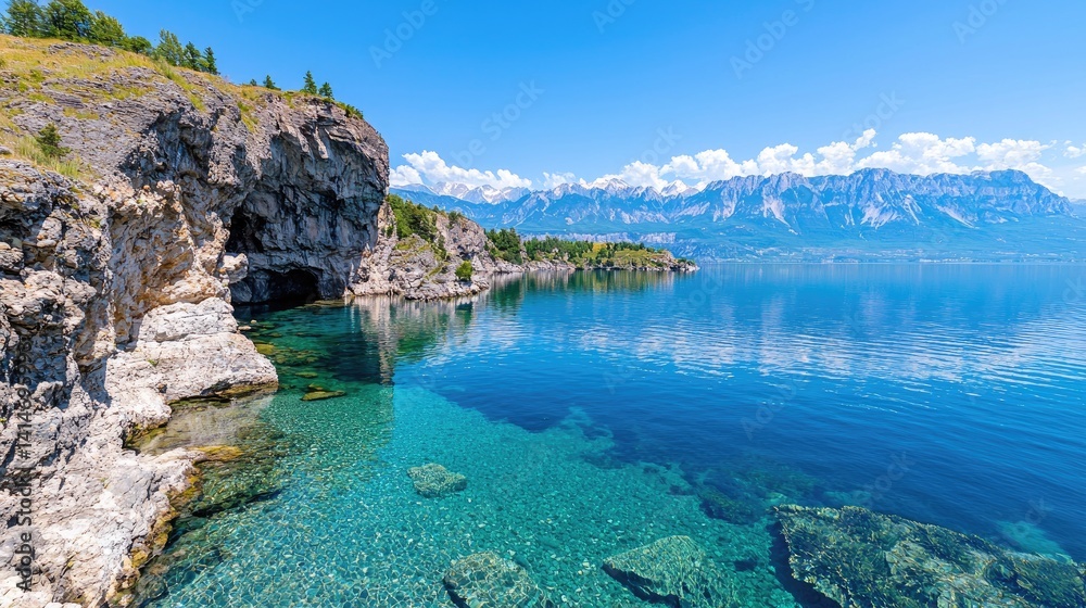 Fototapeta premium Crystal-clear lake nestled between rocky cliffs and majestic mountains. Tranquil alpine scenery