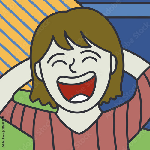 A girl's joyful laugh echoes with carefree abandon against a vibrant geometric backdrop of bold colors and playful lines.