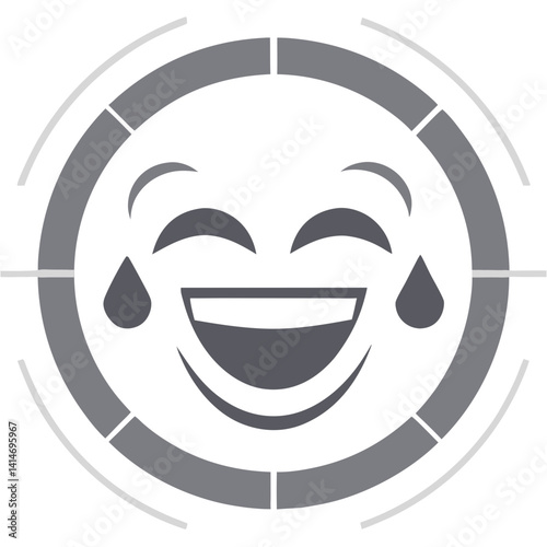 A joyous, tearful laugh, captured in a grayscale emoticon, encircled by a subtle targeting graphic.