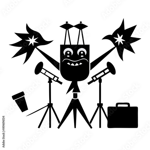 A quirky, expressive monster enthusiastically drumming at a lively gig with bold black silhouettes and stark white background.