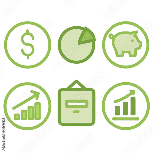 A vibrant guide to financial growth, featuring key icons for saving, investing, and tracking progress with a calming green palette.