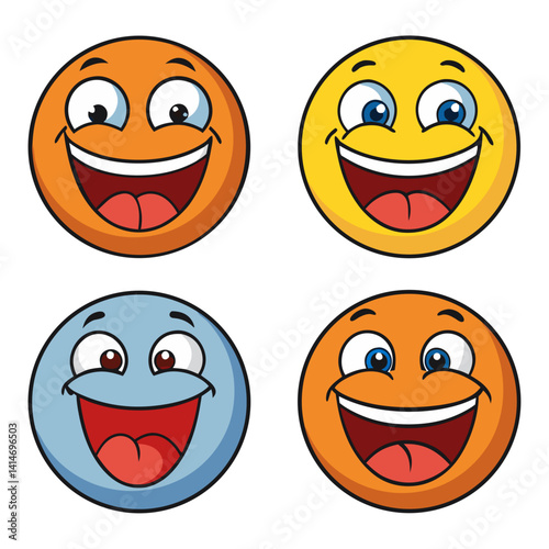 Four vibrant cartoon smiley faces expressing pure joy and happiness with bright, bold colors and simple outlines.