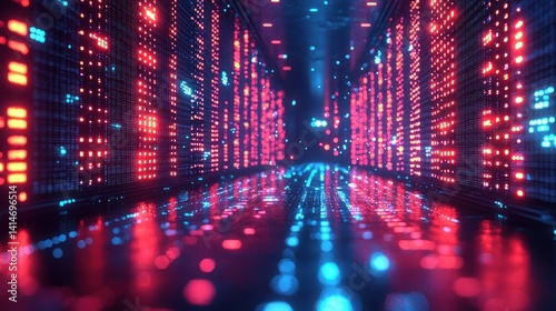 Futuristic server room tunnel.  Digital data stream