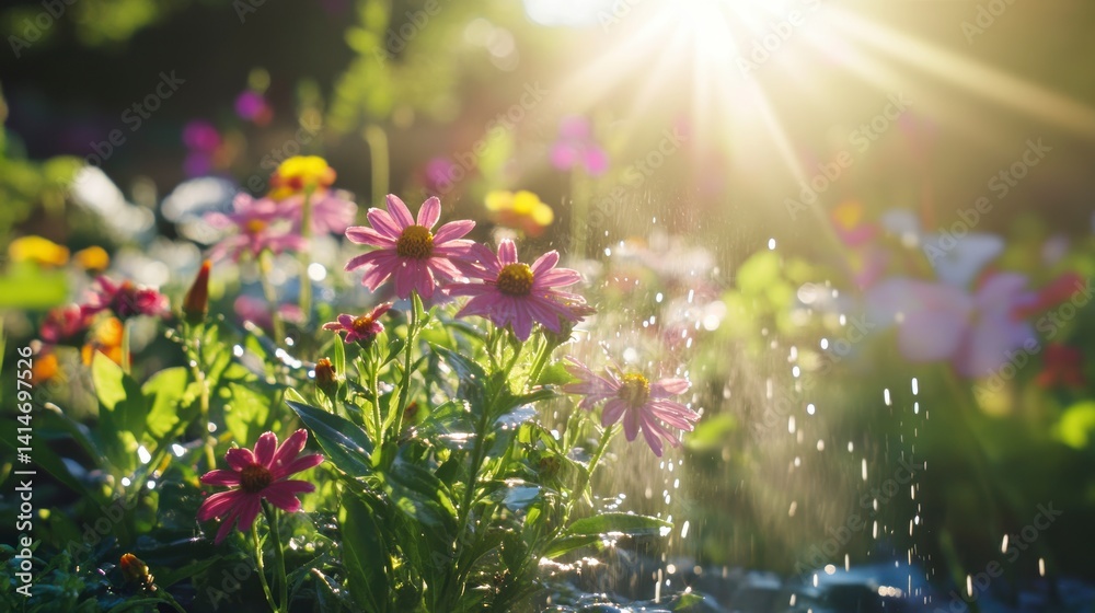 Fototapeta premium Sunlit garden flowers being watered with sparkling water droplets.