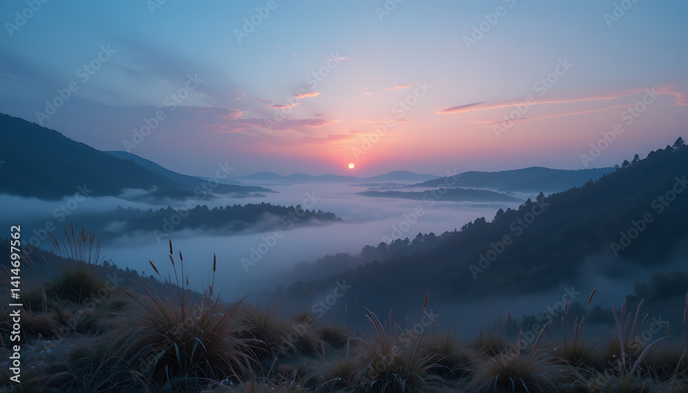 Obraz premium Serene Sunrise Over Misty Mountain Valley Breathtaking Landscape Photography