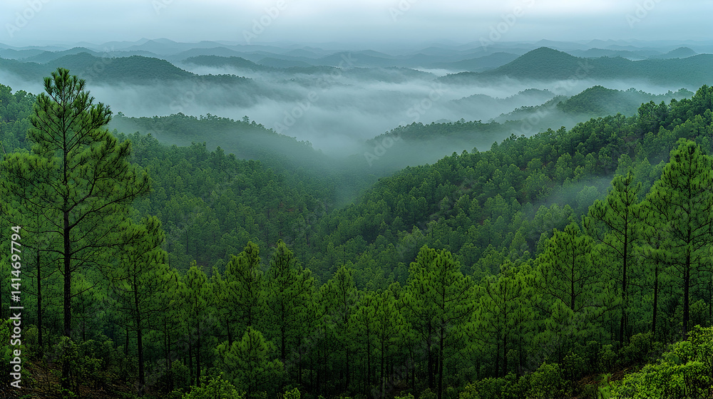 Fototapeta premium Lush green forests and misty mountains create a serene tranquil scene Rolling hills fade into the horizon