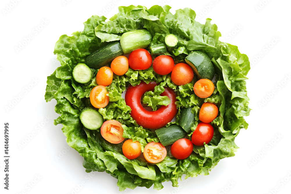 Overhead view of colorful mixed vegetables in spiral design on clean white background, perfect for healthy eating, vegan food concepts, farm produce, and organic cooking visuals