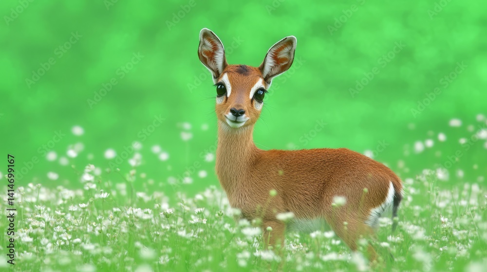 Cute young antelope in a field of white flowers. Cute young antelope in a field of white flowers.
