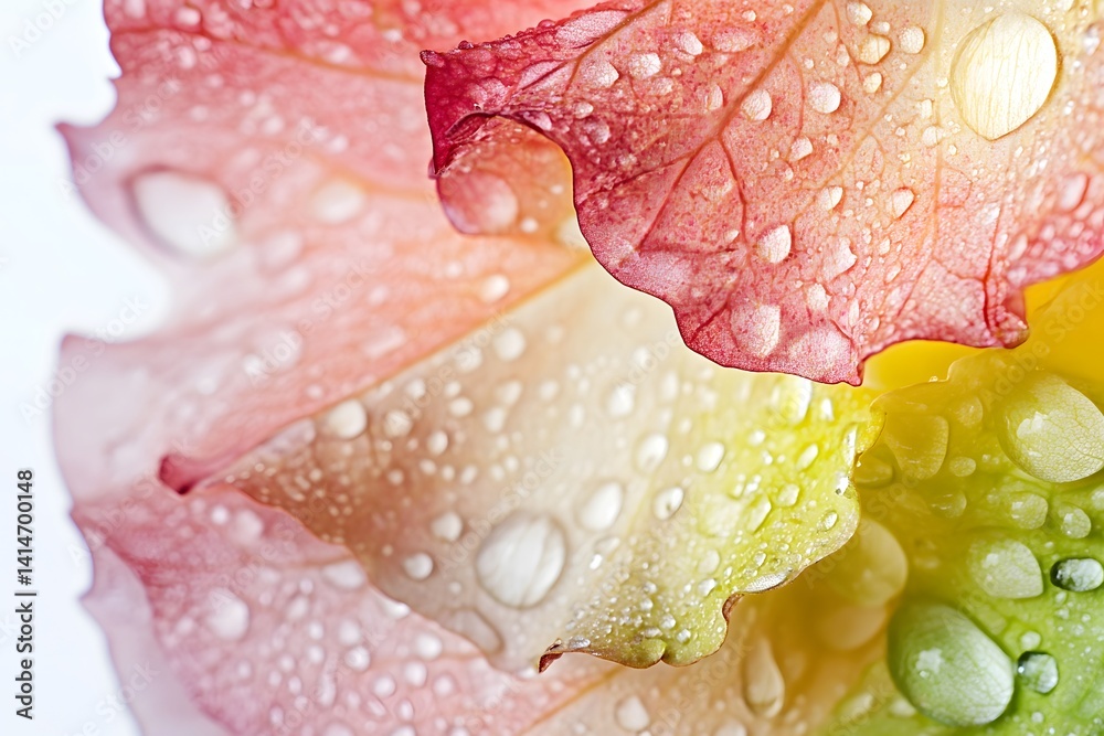 Close-up view of fresh mixed lettuce leaves covered in water droplets on clean white background, captured to showcase natural texture, hydration, and organic vegetable freshness in studio light