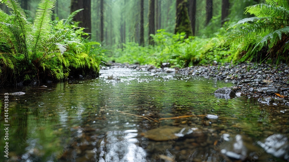 Obraz premium Tranquil forest stream nature photography green lush plants calm water