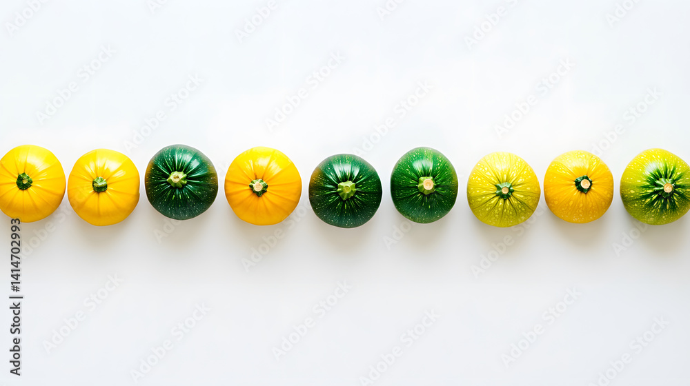 Overhead studio image of harvested zucchini and squash arranged in neat rows on clean white background, showcasing fresh seasonal vegetables in vibrant yellow green for culinary themes