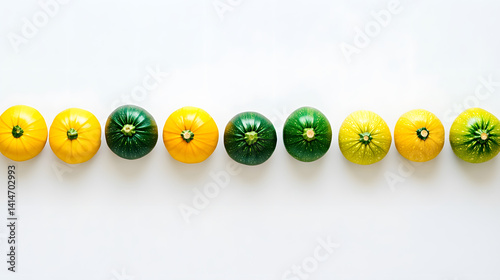 Obraz na płótnie Overhead studio image of harvested zucchini and squash arranged in neat rows on clean white background, showcasing fresh seasonal vegetables in vibrant yellow green for culinary themes w salonie