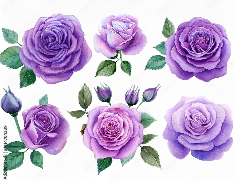 Fototapeta premium flowers,rose,roses,purple,watercolor,floral,bloom,nature,botanical,petals,blossom,beautiful,garden,decoration,plant,romantic,elegant,violet,art,illustration,design,isolated,white,background,pretty,nat