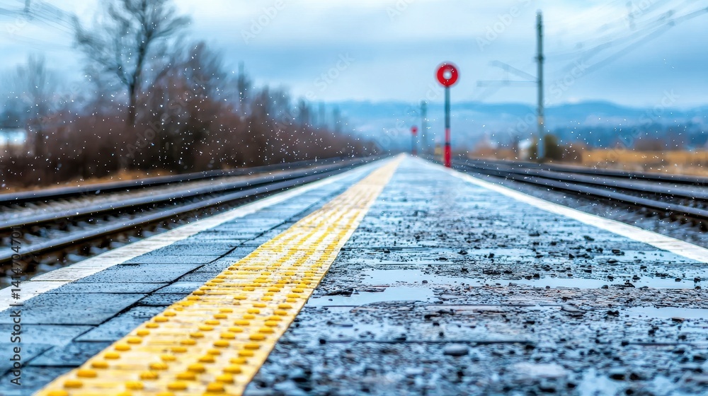 Fototapeta premium Wet Train Platform in Light Snowfall