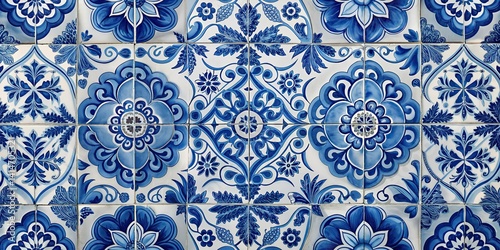 Traditional Portuguese azulejo tile pattern in blue and white tones. Intricate floral and ornamental design, perfect for backgrounds, kitchen decor, or Mediterranean-themed projects.