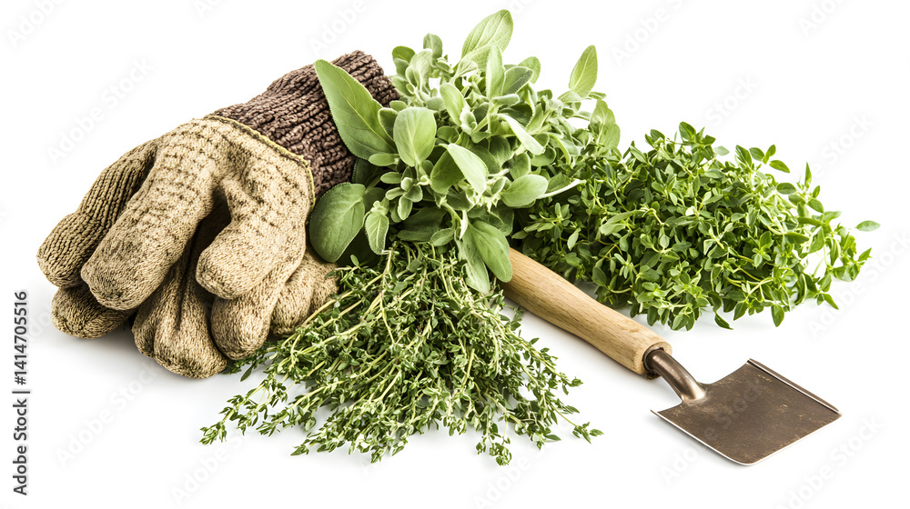 Overhead image of gardening gloves and trowel placed beside freshly planted herbs on clean white background, perfect for spring planting, home gardening tools, eco-friendly lifestyle visuals
