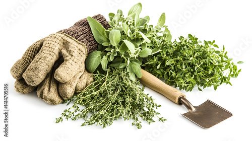 Obraz na płótnie Overhead image of gardening gloves and trowel placed beside freshly planted herbs on clean white background, perfect for spring planting, home gardening tools, eco-friendly lifestyle visuals w salonie
